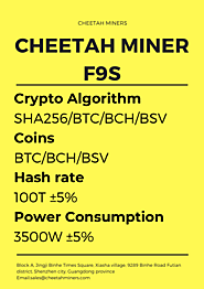 Cheetah Miner F9s Brand Cheetah Miner F9s Crypto Algorithm SHA256/BTC/BCH/BSV Coins BTC/BCH/BSV Hash rate 100T ±5% Po...