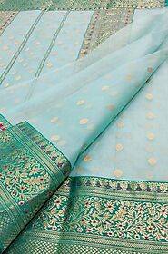 Blue Handloom Chanderi Pure Katan Silk Saree