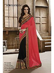 VINTAGE FLAVOUR 9017:- Black Georgette Saree With Pallu In Orange Georgette.Blouse In Black Dupion With Embroidered Neck