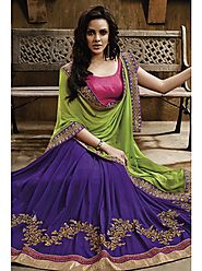 VINTAGE FLAVOUR 9018:- Embroidered Skirt In Purple Georgette With Pallu In Lime Green.Blouse In Fuchsia Pink Dupion W...