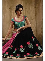 VINTAGE FLAVOUR 9024:- Black Georgette Saree With Skirt In Multi Colour Thread Work And Pallu In Fuchsia Georgette. B...