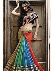 VINTAGE FLAVOUR 9028:- Skrit in 3 Colour Shaded From Green,Blue To Olive.Pallu In Pink Chiffon With Embroidered Butta...