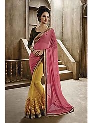 VINTAGE FLAVOUR 9030:- Lemon Net Saree With Pallu In Peachish Pink Chiffon Pallu.Self Embroidery At Bottom With Blous...
