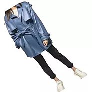 Women's Classic Street Wear Genuine Sheepskin Blue Long Leather Trench Coat Jacket
