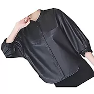 Women's Collarless Short Sleeve Outwear Real Lambskin Black Leather Top