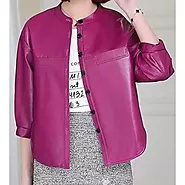 Women's Collarless Short Sleeve Outwear Real Lambskin Pink Leather Top