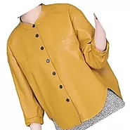 Women's Collarless Short Sleeve Outwear Real Lambskin Yellow Leather Top
