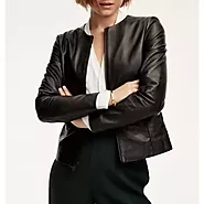 Women's Simple Front Zippered Black Leather Jacket