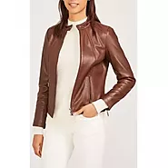 Women's Stand Collar Long Sleeves Brown Leather Jacket