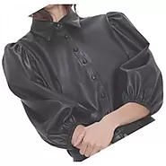 Women's Street Fashion Short Sleeve Outwear Real Lambskin Black Leather Top