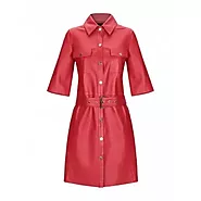 Ladies Single Breasted Belted Waistline Red Leather Coat