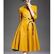 Round Neck Long Sleeve Yellow Leather Dress for Ladies
