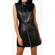 Women's Asymmetric Zipper Front Real Sheepskin Black Leather Dress