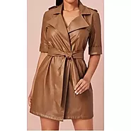 Women's Belt Wrap Style Real Sheepskin Brown Leather Dress