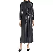 Women's Belted Real Sheepskin Black Leather Maxi Dress