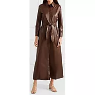 Women's Belted Real Sheepskin Brown Leather Maxi Dress