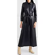 Women's Belted Real Sheepskin Navy Blue Leather Maxi Dress