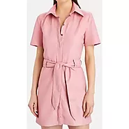 Women's Belted Shirt Style Real Sheepskin Pink Leather Dress
