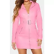Women's Biker Style Full Sleeve Real Sheepskin Pink Leather Dress