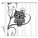 Black White Swirly Tree Owl Shower Curtain