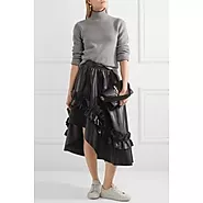 Asymmetric Ruffle-trimmed Real Black Leather Midi Skirt for Women