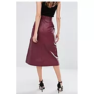 Ladies Burgundy Leather Straight Long Midi Skirt Outfit