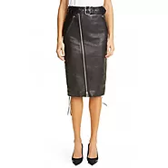 Ladies Long Front Zipper And Side Lace-Up Real Sheepskin Black Leather Skirt