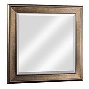 Brown Wood Grain Two-Step Raised Lip Framed Square Beveled Wall Mirror