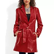 Belted Quality Genuine Red Leather Coat for Women