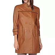 Elegant Look Double Breasted Brown Leather Coat for Women