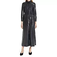 Womens Belted Real Sheepskin Black Leather Maxi Dress