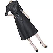Womens Cute Fashion Real Lambskin Black Long Leather Trench Coat