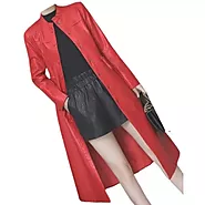 Womens Cute Fashion Real Lambskin Red Long Leather Trench Coat