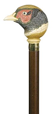 Walking Cane with Pheasant Hand Painted on Hardwood Shaft and Gilt Collar