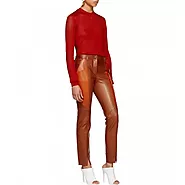 Ladies Slim Fit Panelled Lambskin Orange Leather Trousers Pants