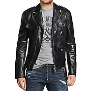 Front Pockets Mens Genuine Black Leather Biker Jacket