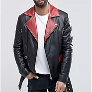 Mens Belted Black With Red Lapel Leather Biker Jacket