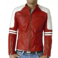Mens Quilted Shoulder Red Leather Biker Motorcycle Jacket
