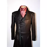 Mens Embossed Real Sheepskin Black Leather Trench Coat