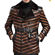 Men's Top Designer Double Breasted Leather Fur Shearling Coat