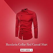 Mandarin Collar Red Casual Shirts For Men