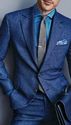 Blue Textured Suit. Light Blue Shirt. Grey Woven Tie.