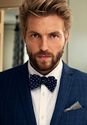 Large Grid Blue Suit. White Shirt. Small Dot Bow Tie.