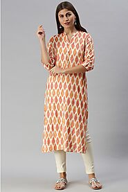 Orange Printed Viscose Rayon Kurta