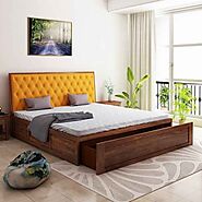Aria Cushioned Sheesham Wood King Size Bed With Front Storage