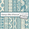 Blue Damask Digital Paper - "Vintage Blue" - Decorative Floral Blue / Ivory Wedding Lace Backgrounds - Commercial Use...