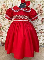 "ELIZABETH" Red Hand-Smocked Dress & Bows Set