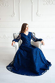 Navy Blue Dress, Maxi Lace Dress, Long Sleeve Gown, Photo Shoot Dress, Plus Size Clothing, Special Occasion Dress, A ...