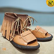 Tan Leather Fringe Sandals CW305223 - cwmalls.com