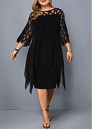 Plus Size Mesh Stitching Asymmetric Hem Dress |-... - DRESSES H22